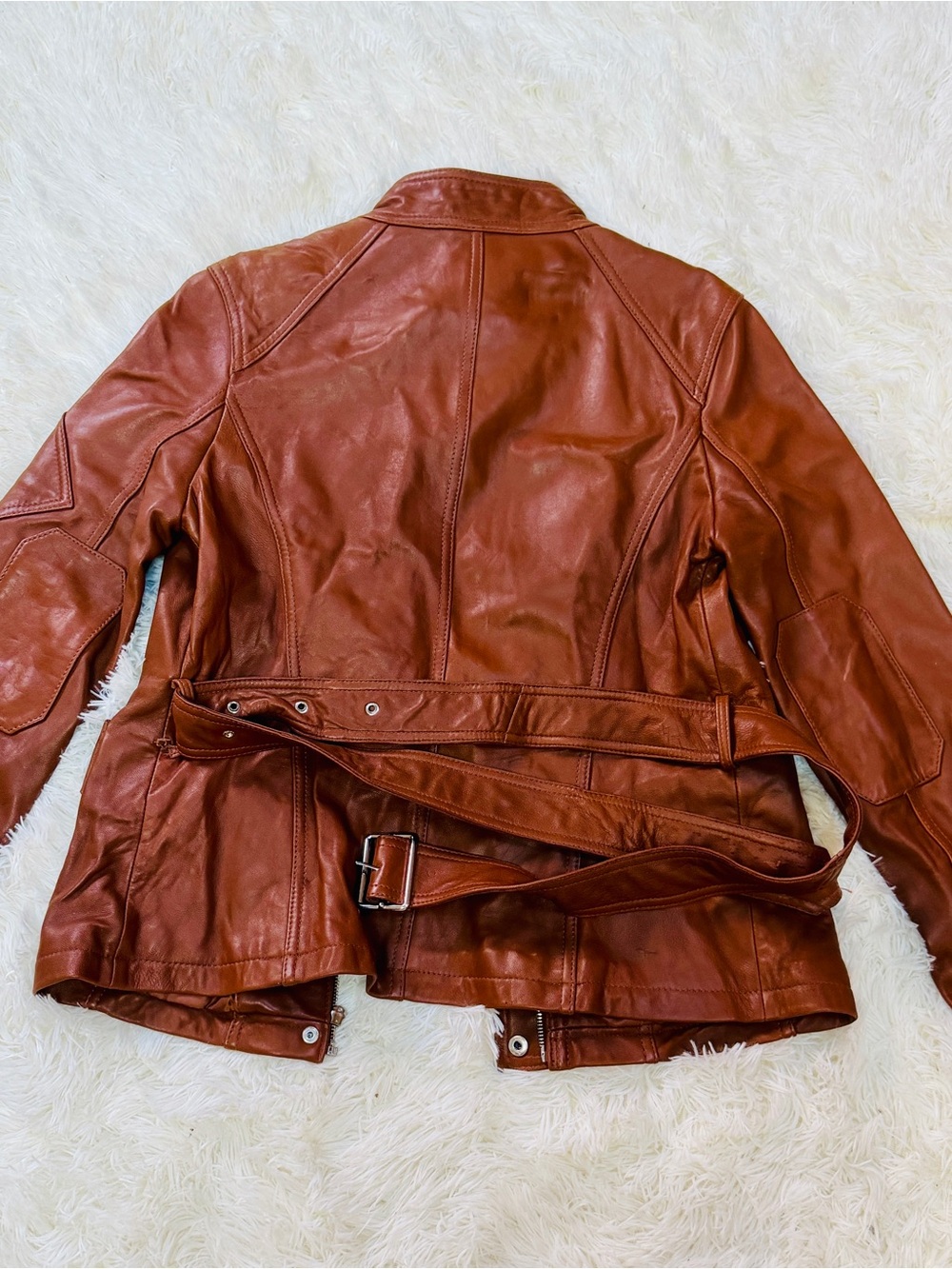 Lauren Ralph Lauren Rust Brown Leather Belted Moto Jacket - Picture 2 of 3